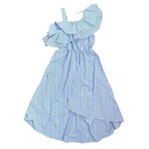 Habitual‎ Girl Blue & White Striped Fit & Flare Ruffle One Shoulder Dress Sz 12